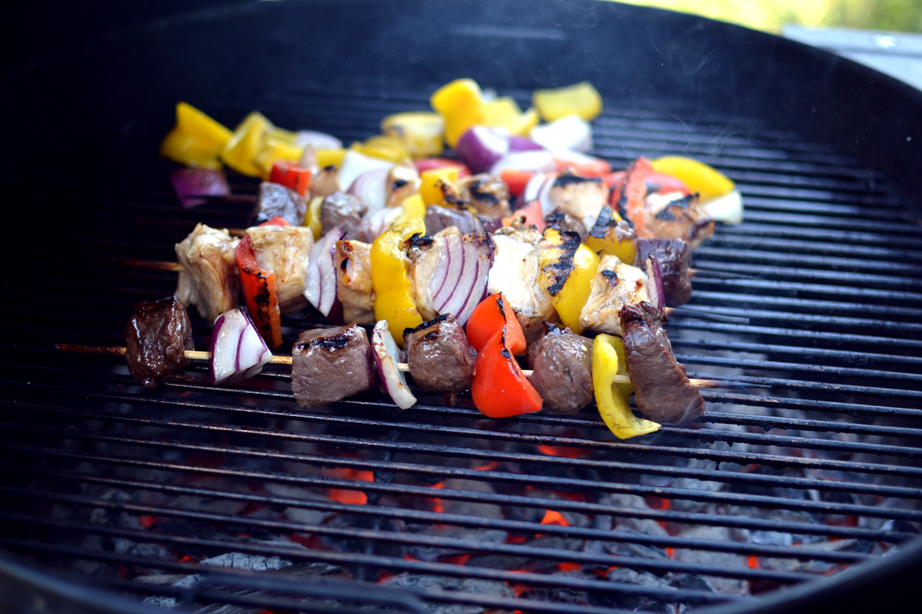 Steak and Chicken Kabobs on a Charcoal Grill