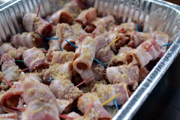 Bacon Wrapped Little Smokies in a foil pan