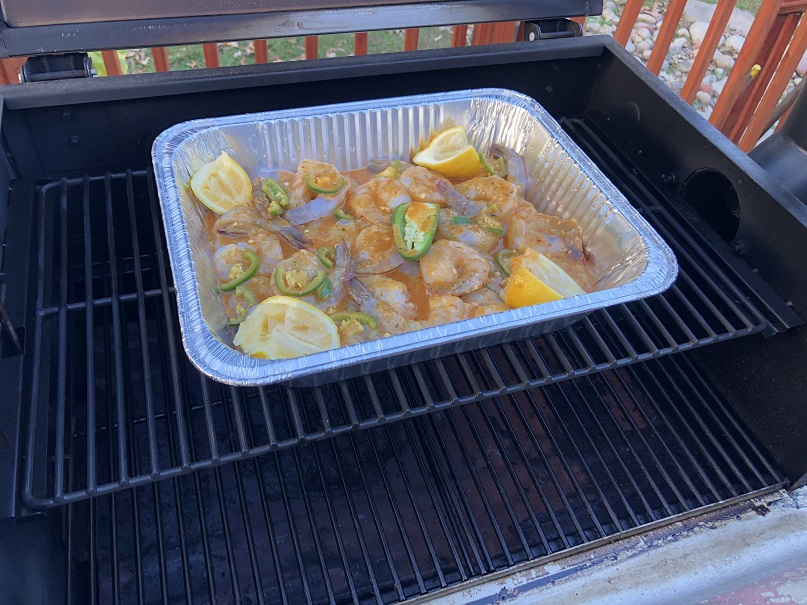 Pan of Shrimp on a Pellet Grill