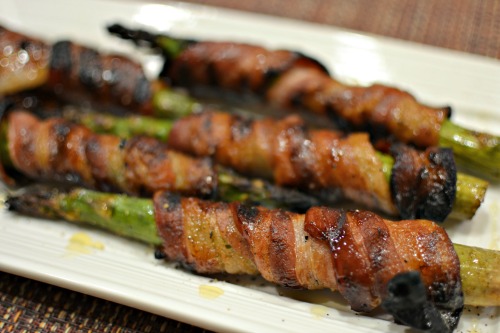Close up of Crisp bacon on asparagus